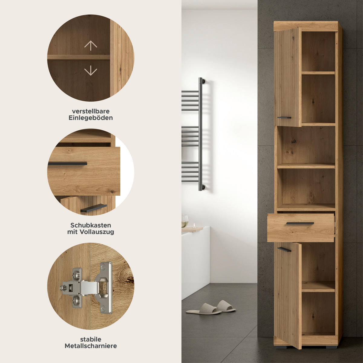 HOCHSCHRANK Vento (B/H/T: ca. 37/191/31 cm) in Artisan Eiche Nachbildung/Artisan Eiche Nachbildung - Eiche Artisan, Holz (37/191/31cm)