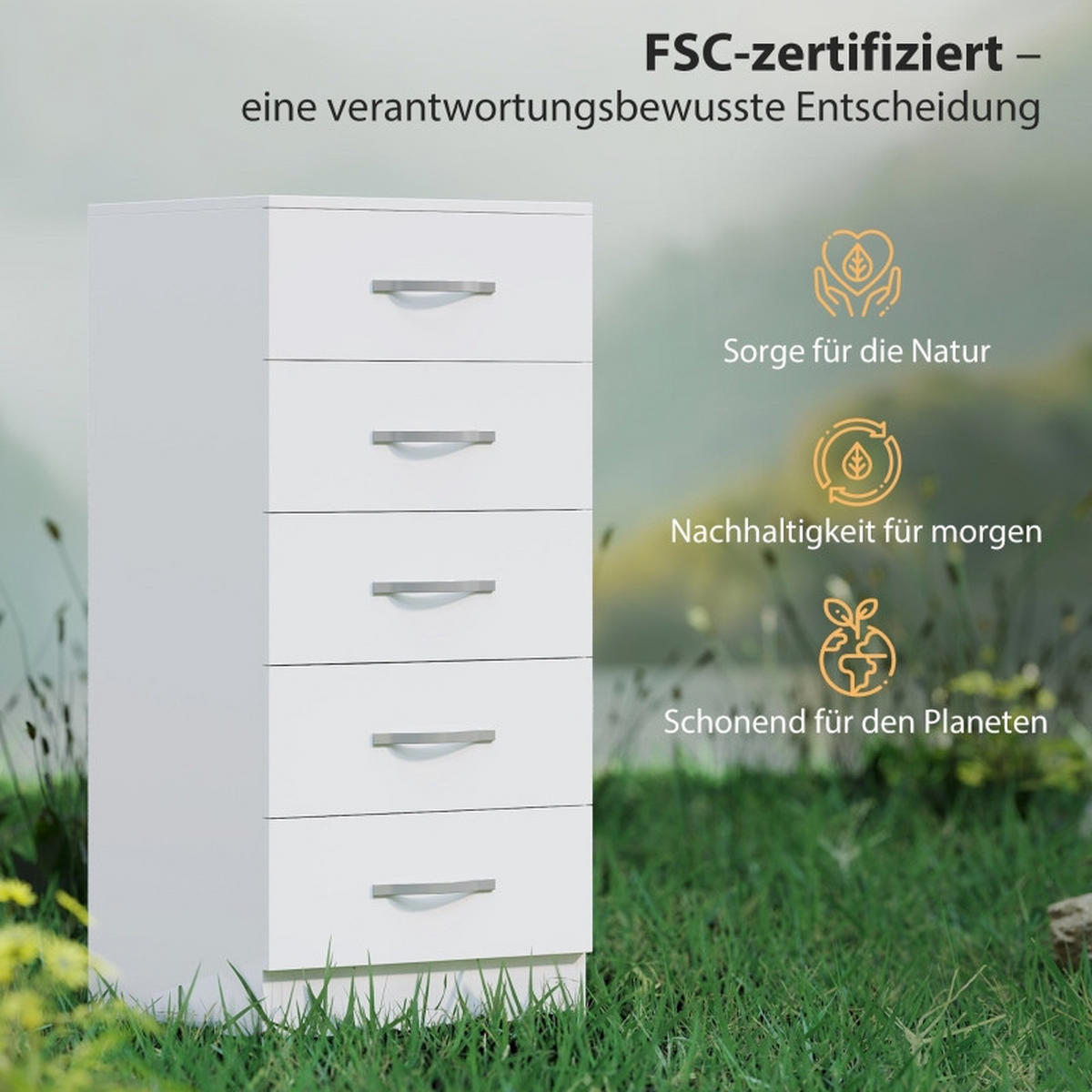 KOMMODE Weiß 40x85x35 cm schmal mit 5 Schubladen - Weiß, Holz (35/85/40cm) - Kaket