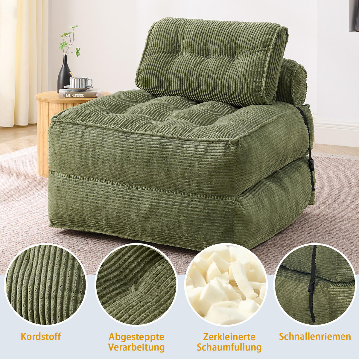 SCHLAFSESSEL 2-in-1 aus weichem Cord, klappbar als Loungesessel und Gästebett - Grün, Kunststoff (85/85/85cm) - Urban Meuble