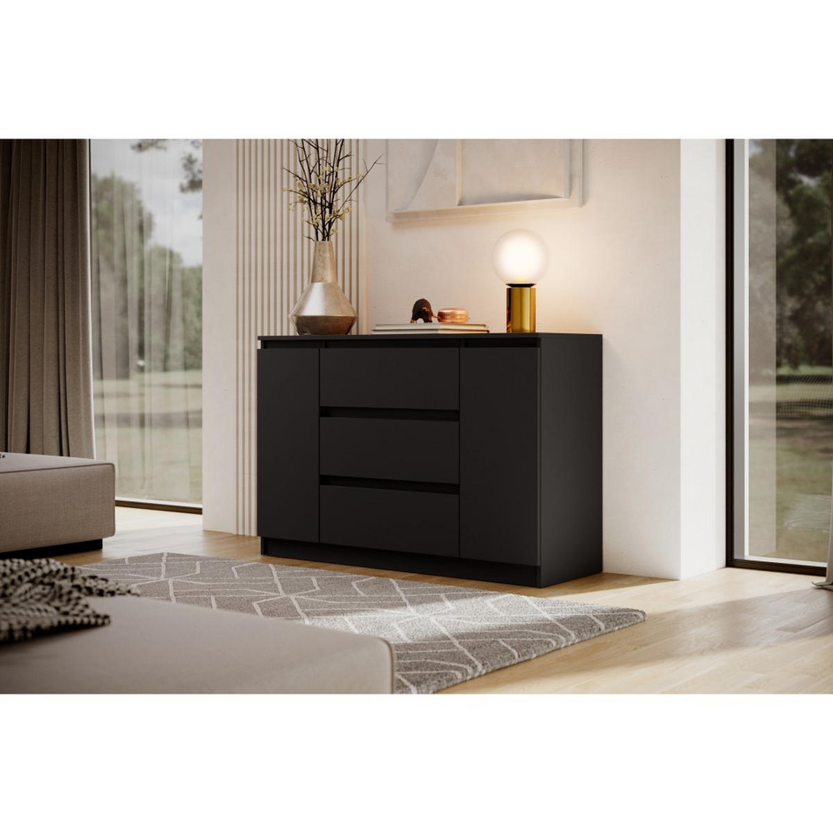 KOMMODE Lemon 120 cm mit zwei Türen und drei Schubladen Schwarzmatt - Schwarz, Holzwerkstoff (120/78/39cm) - Beautysofa