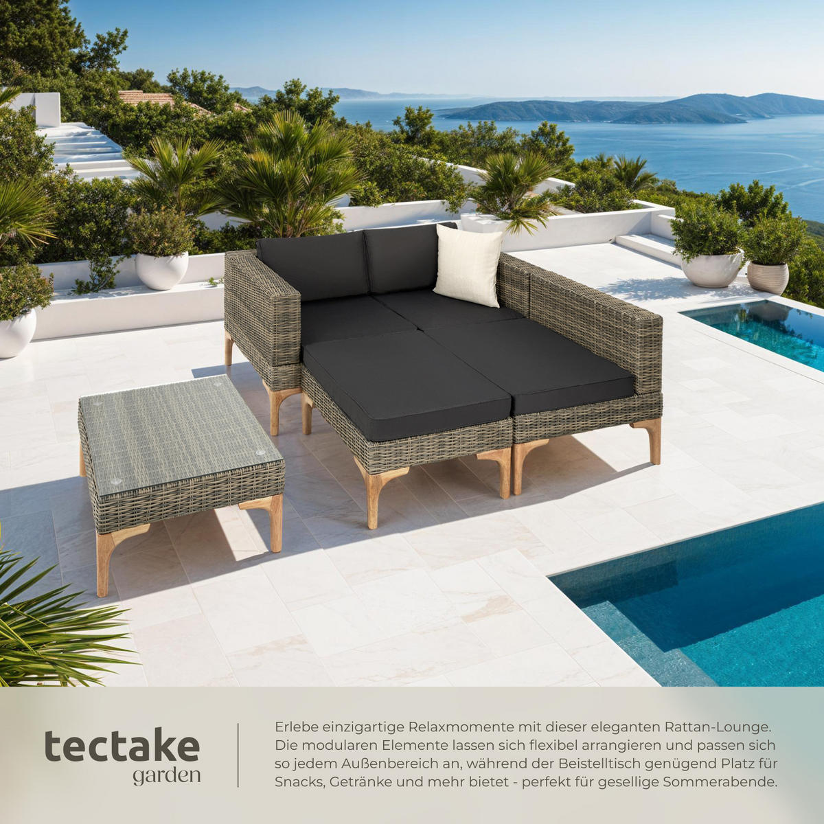 RATTANLOUNGE Konstanza, mit Sicherheitsglasplatte, natur - Naturfarben, Kunststoff/Metall - tectake