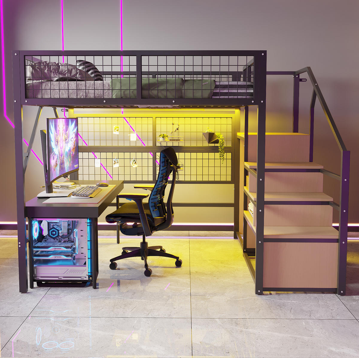 VYSOKÁ postel 255/145/170 cm černá s LED osvětlením a úložnými schody z kovu a MDF - černá, kov (140/200cm) - OKWISH