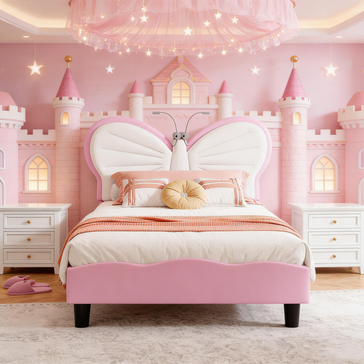 KINDERBETT 90 x 190 cm, Kopfteil in Schmetterlingsform, mit integrierter LED-Leselampe & höhenverstellbarem Kopfteil,Samtmaterial,Weiß und Rosa - Pink, Holz/Metall (90/190cm) - BursDany