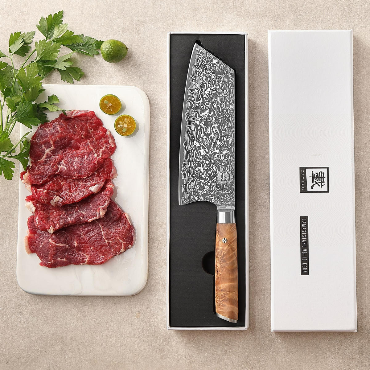 BLOCKMESSER Kiritsuke Kinone Damast - Birkefarben, Holz/Metall (34cm) - Zayiko