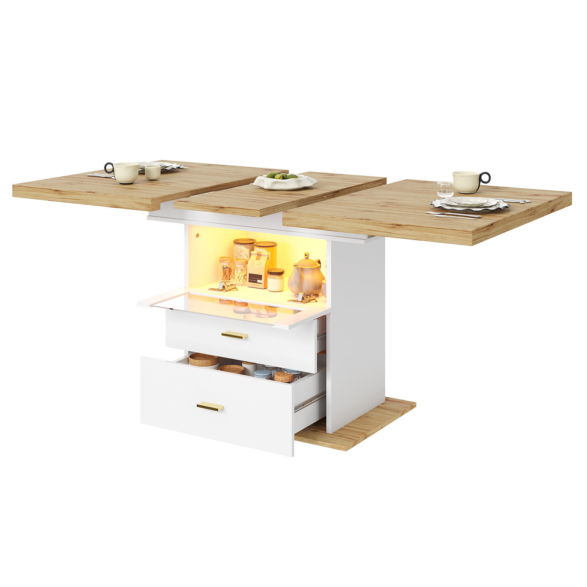 ESSTISCH in Holzoptik Ausziehbarer Küchentisch mit Stauraum und LED, für Küche & Esszimmer - Weiß, Holzwerkstoff (80/110/75cm) - STILVORA