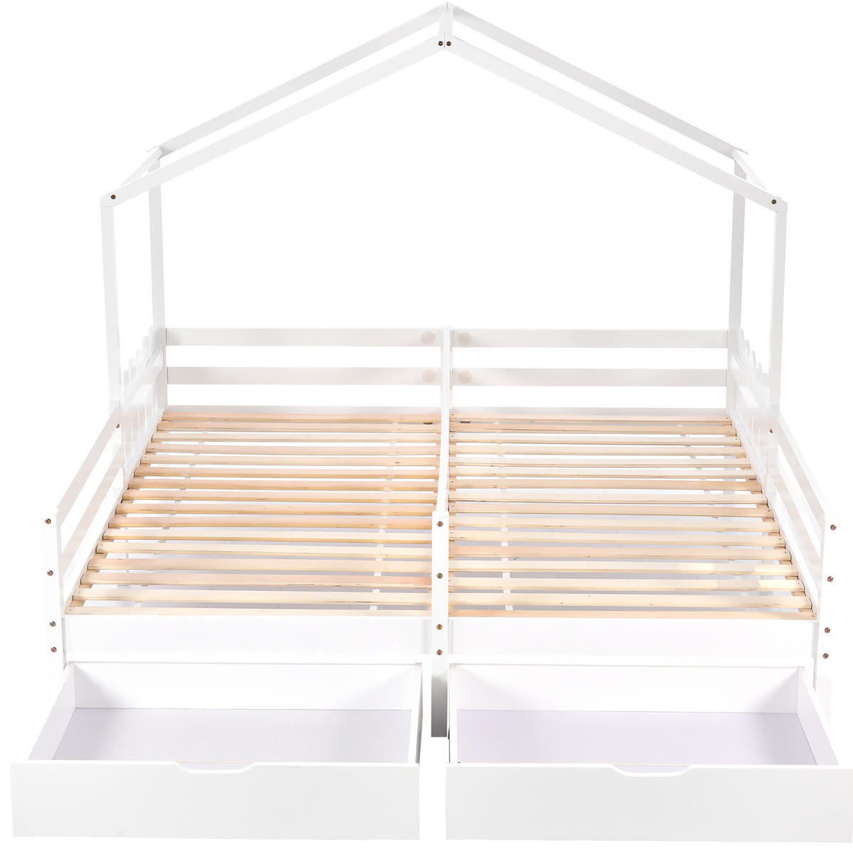 KINDERBETT Hausbett 2 x 200/90 cm mit 2 Schubladen, Schutzgitter gestell, Weiß - Weiß, Holzwerkstoff (90/200cm) - Redom