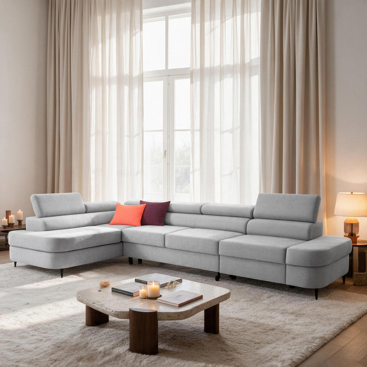 ECKSOFA PRIAM MAXI L-Form Links mit Schlaffunktion 125x195 Velours Hellgrau - Hellgrau/Schwarz, Holz/Textil (203/350cm) - Muffo