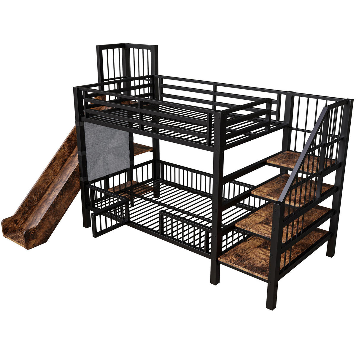 HOCHBETT 90/200 cm mit Rutsche, Stauraumtreppe und Regalen, Schwarz - Schwarz, Holzwerkstoff (90/200cm) - Redom