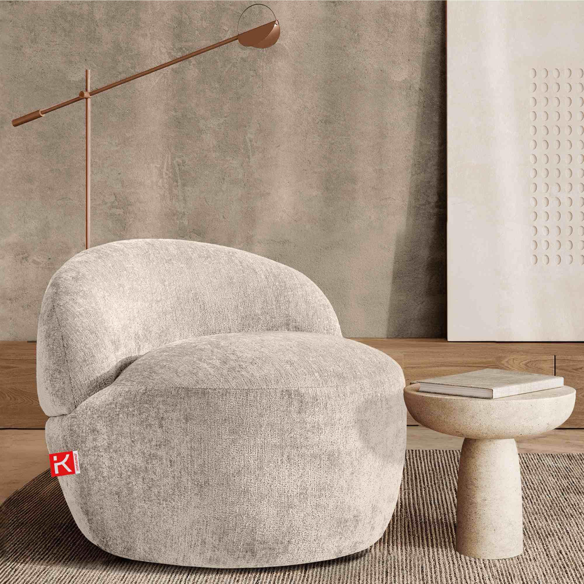SESSEL NELUM Chenille-Stoff, rund, Creme - Creme/Schwarz, Holz/Holzwerkstoff (76/64/76cm) - KONSIMO®