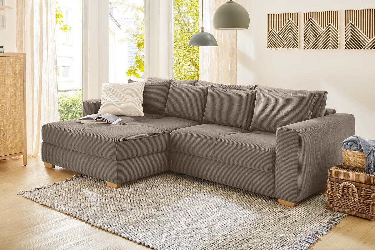 ECKSOFA-DAUERSCHLÄFER Federkern Bettkasten, seitenverkehrt montierbar B288/T186/H86 cm, Liegefl. 153x245 cm, Cord Braun Taupe / 15155 - Taupe/Eichefarben, Holz/Textil (288/186cm) - luma-home