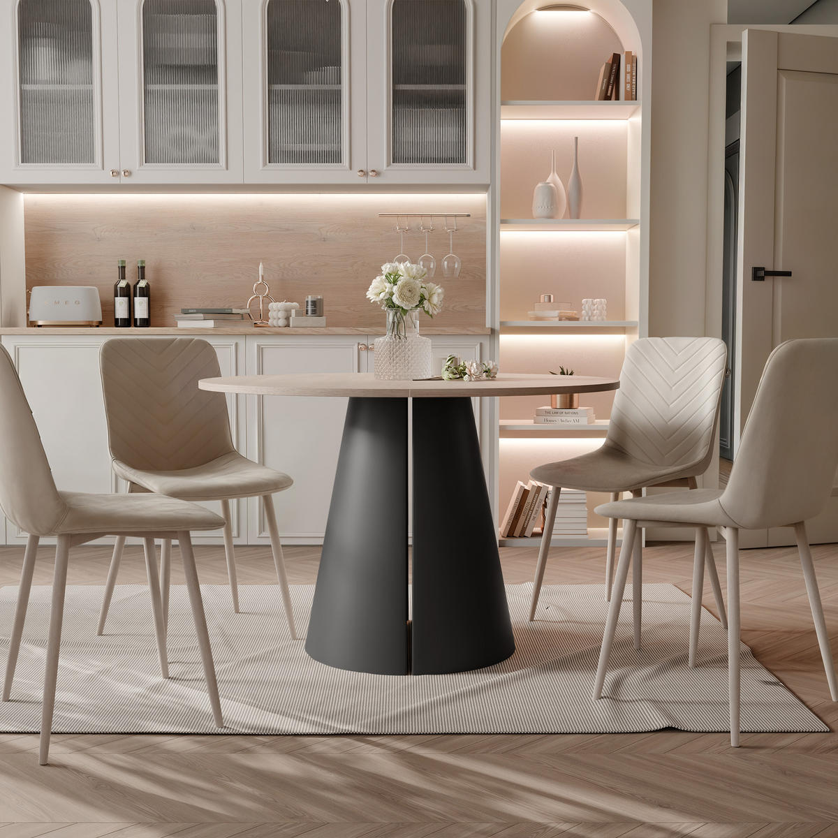 AUSZIEHTISCH BASE 120-196/76 cm, Schwarz / Cremona Cannolo (Cremefarben) - Creme/Schwarz, Holzwerkstoff/Metall (120/120/76cm) - Idohome