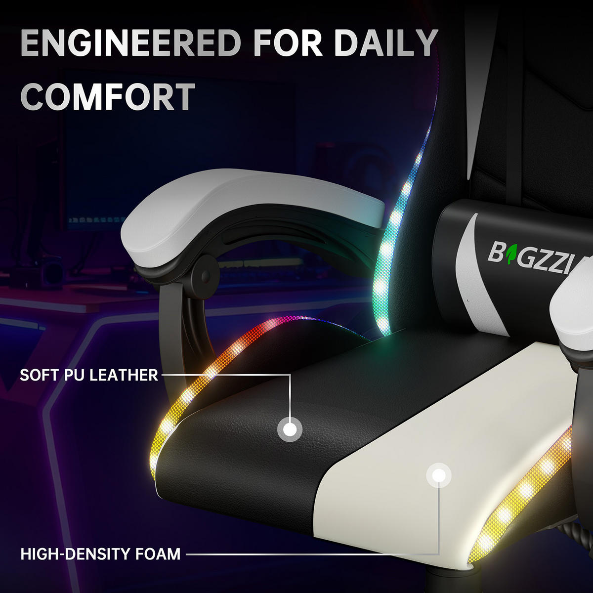 GAMINGSTUHL Schwarz-Weiß Racing Ergonomisch mit LED-Licht - Weiß, Leder (29/59/79cm) - Rattrix