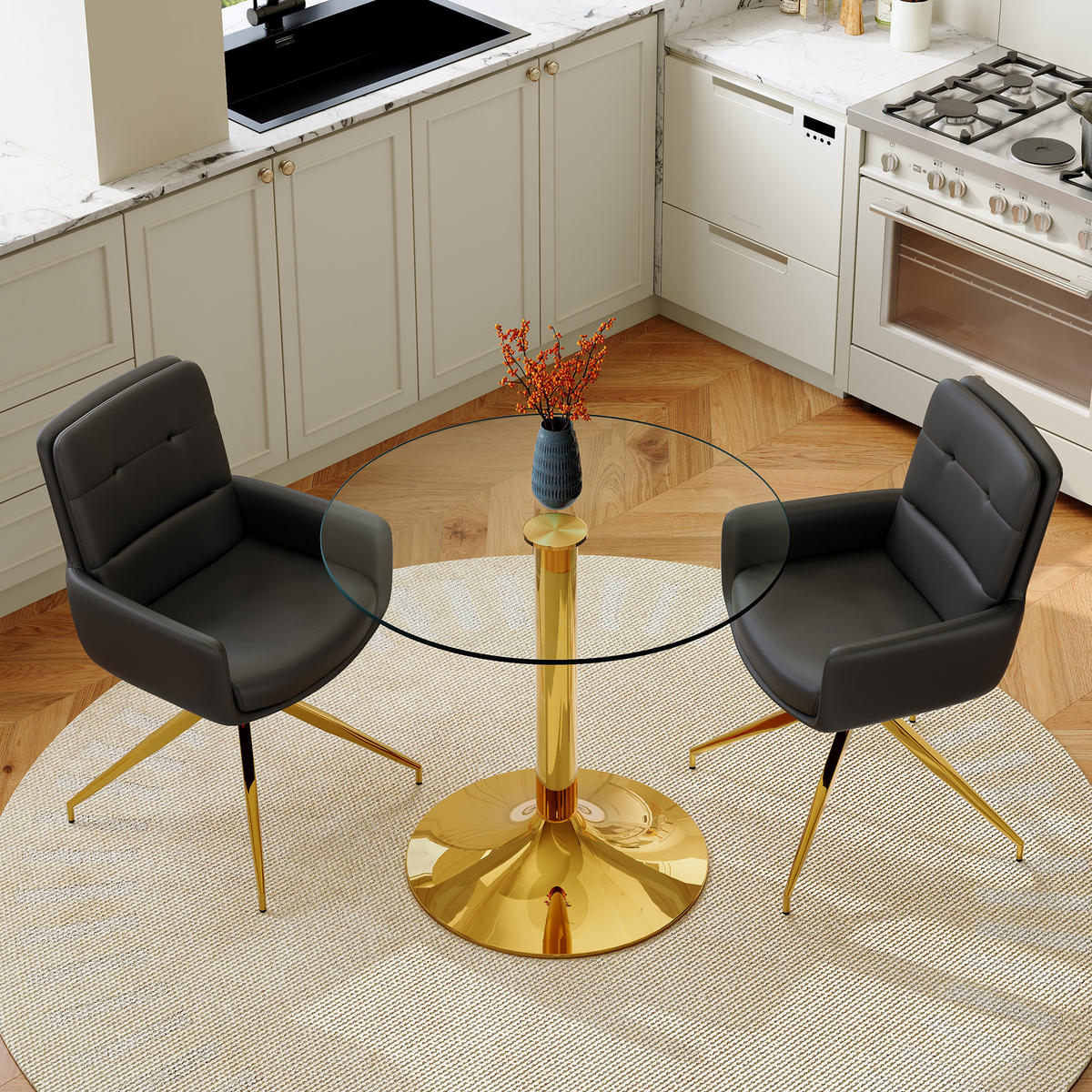ESSGRUPPE DE-39476 3-teilig, Glastisch und 2 Drehstühlen mit Knopfverzierung Schwarz - Schwarz, Metall (85/75/85cm) - ComfortXL
