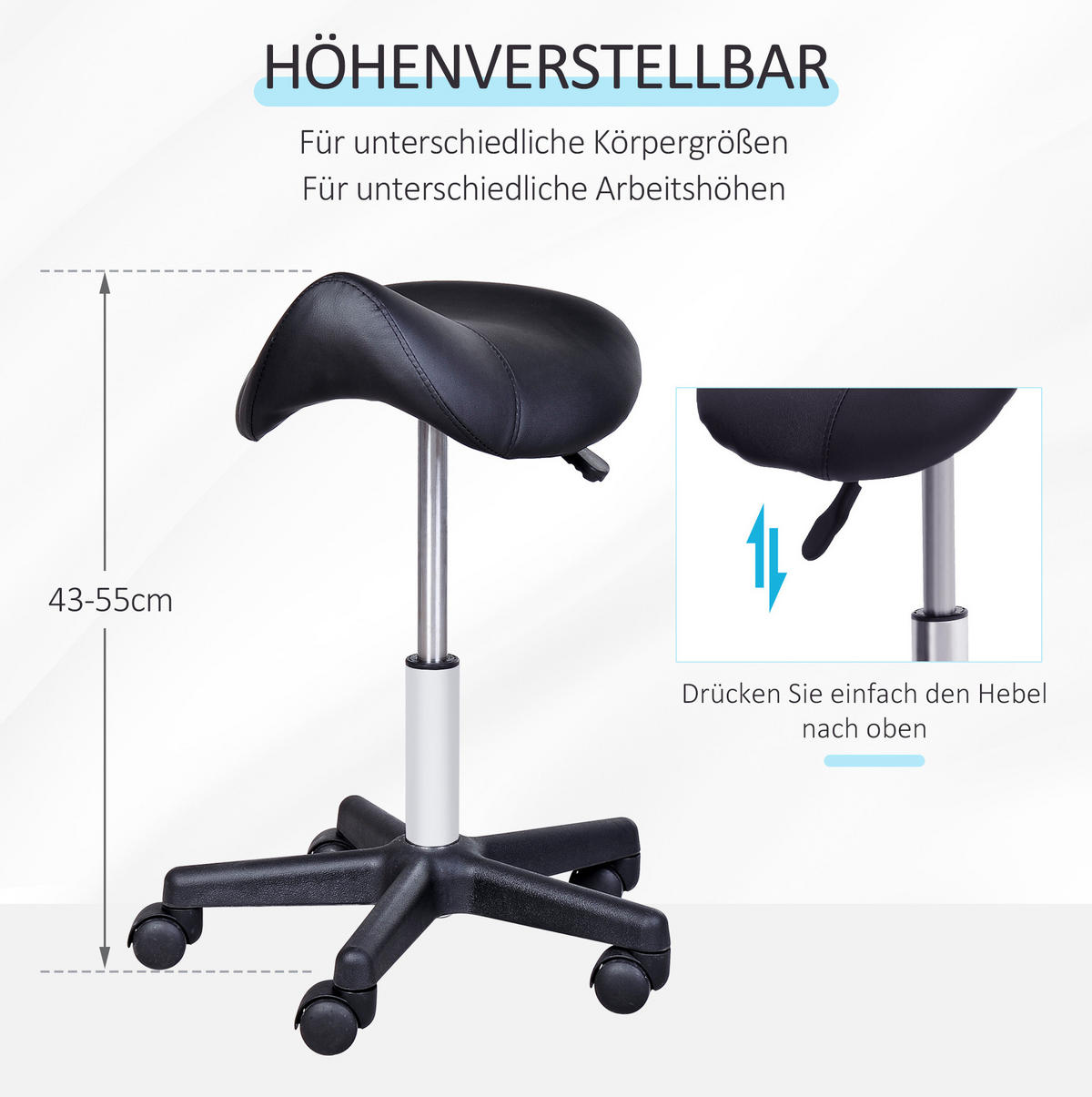 ROLLHOCKER höhenverstellbar 45 bis 55 cm Kunstleder Schwarz - Schwarz, Metall (38/55/35cm) - Meubliv