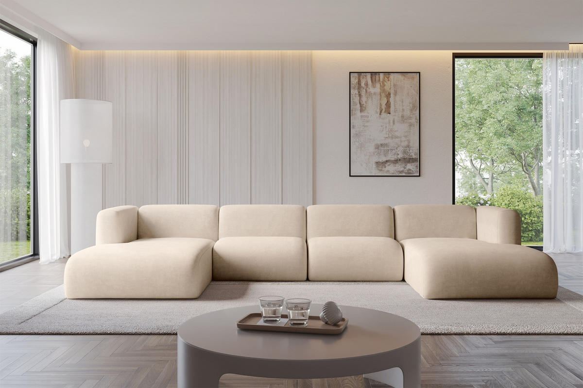 WOHNLANDSCHAFT MIRA-U2 408x179x70 Beige Velours - Greige/Beige, Holzwerkstoff/Kunststoff (408/70/179cm) - ALTDECOR