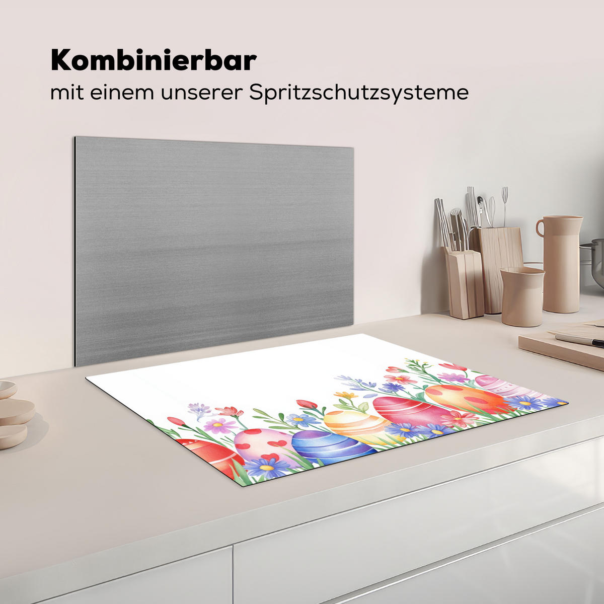 HERDABDECKPLATTE Blumengarten - Bunt - Eier Herdabdeckung Induktionsfeld 70x52 cm - Weiß, Kunststoff (70/52/0.2cm) - MuchoWow