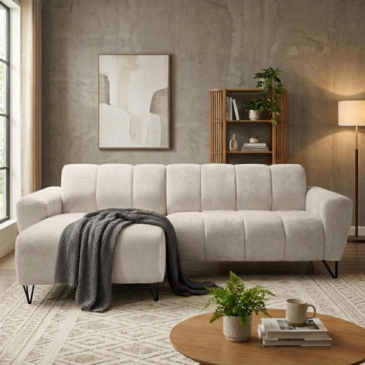 ECKSOFA Volare Mini ohne Schlaffunktion beige links, Storm-Stoff - Beige/Schwarz, Textil/Metall (256/165cm) - Beautysofa