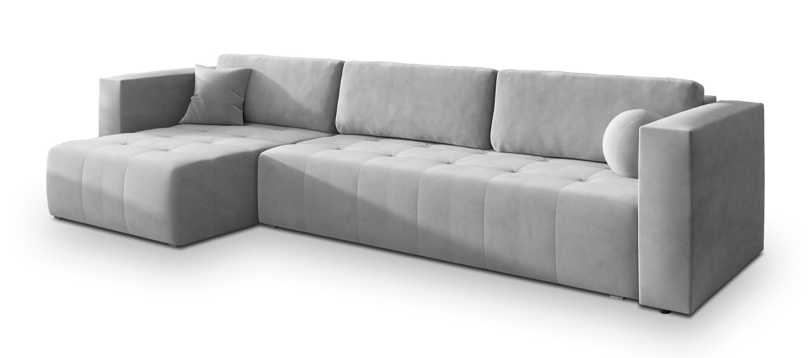 ECKSOFA OLVERA Hellgrau Plüsch-Stoff mit Schlaffunktion - Hellgrau, Holz (347/148cm) - MASSENO