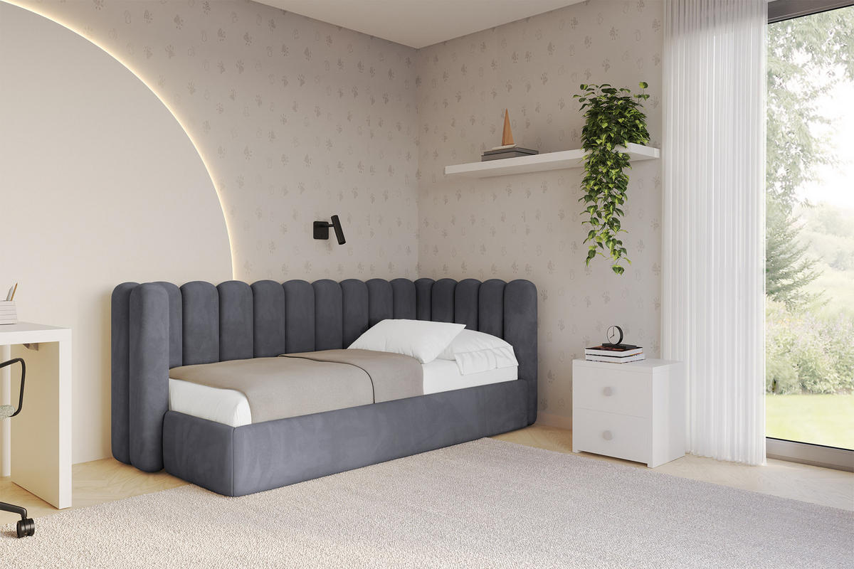 EINZELLBETT Jugendbett mit Bettkasten und Matratze H3/H4, Links - HUGY 100x200 Dunkelgrau - Dunkelgrau, Holzwerkstoff/Textil (100/200cm) - ALTDECOR