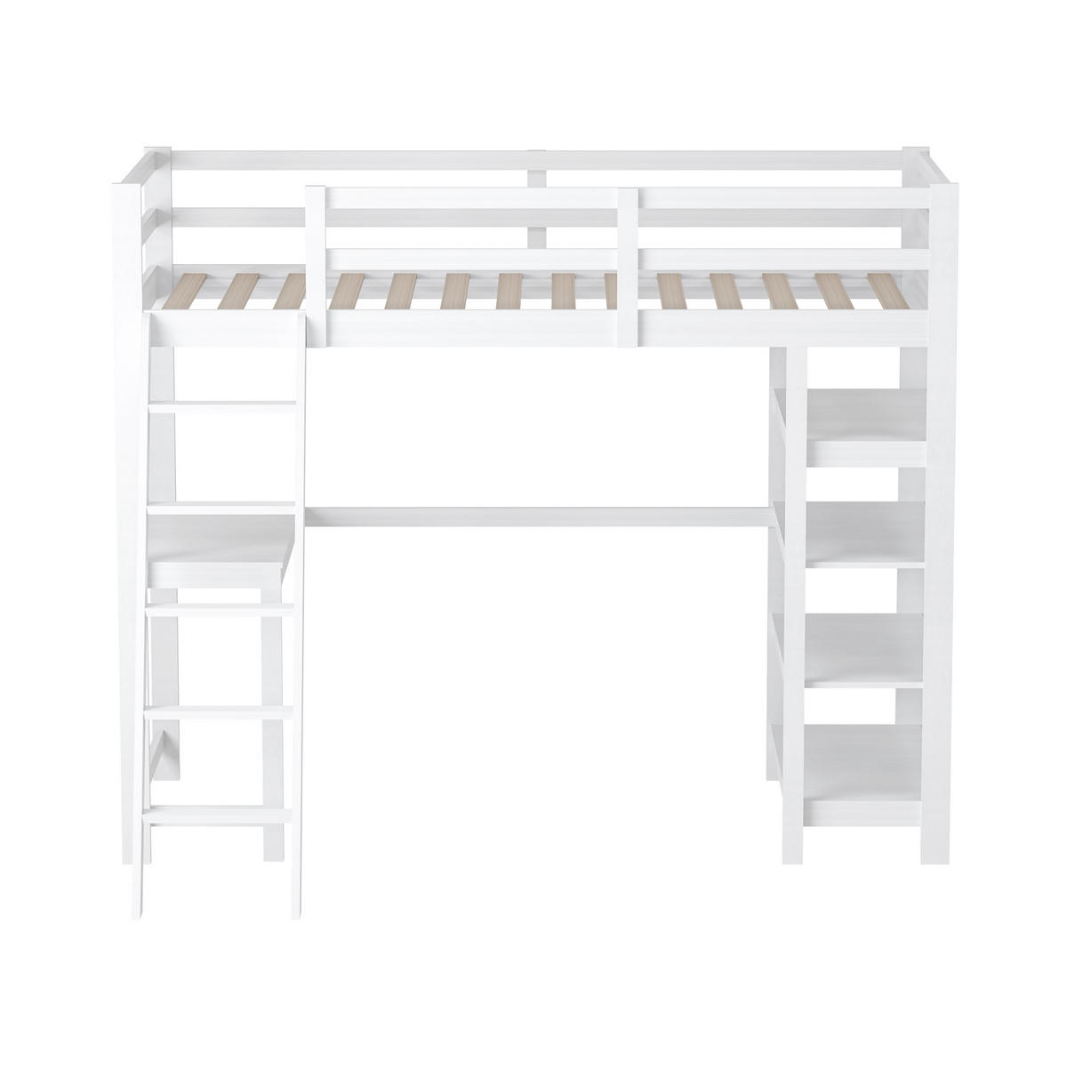 HOCHBETT 90x200 cm mit Schreibtisch & Regalen, Lattenrost, Weiß - Weiß, Holz