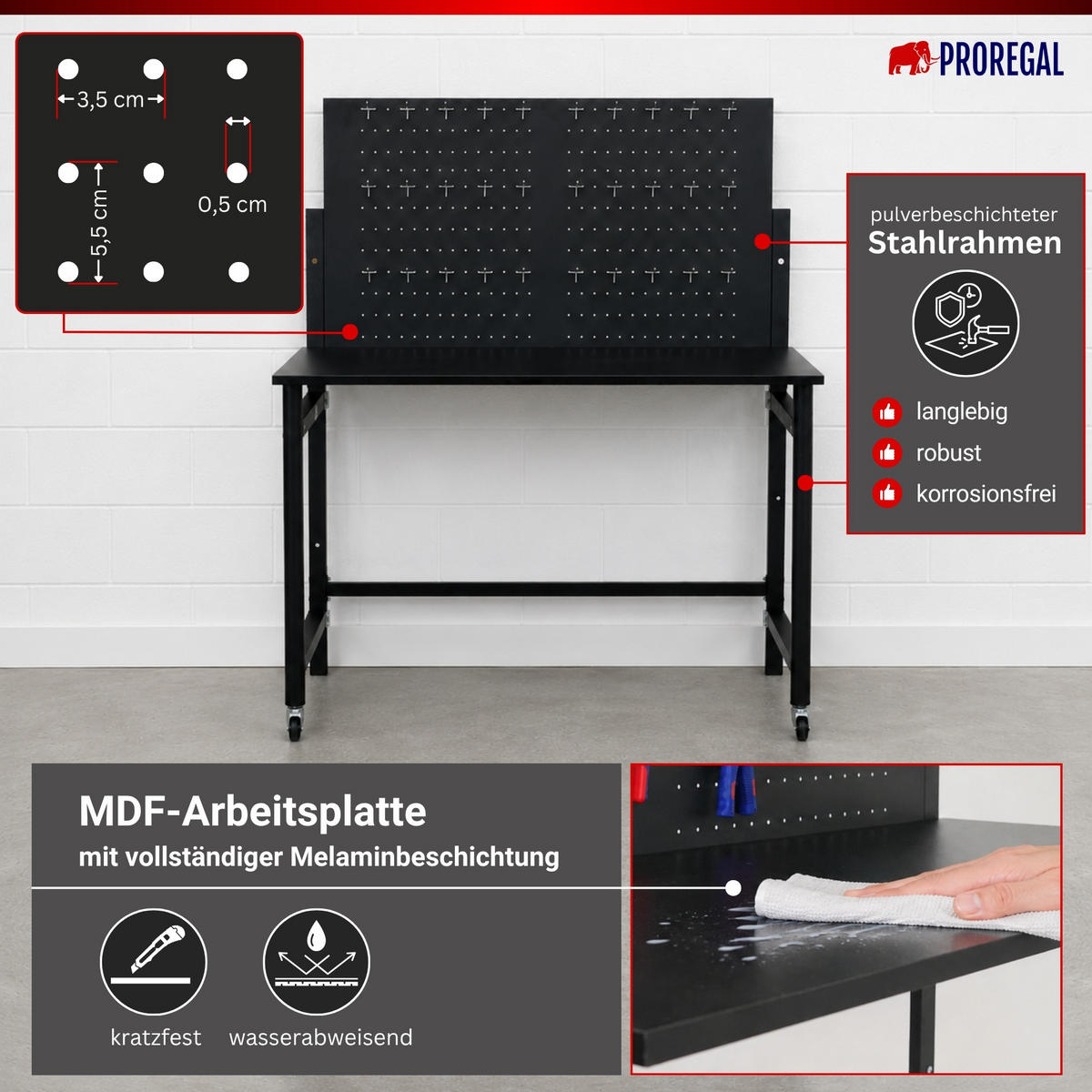 WERKBANK klappbar für Wandmontage TITAN mit Werkzeug Lochwand - Schwarz, Metall (115/144/63cm) - PROREGAL