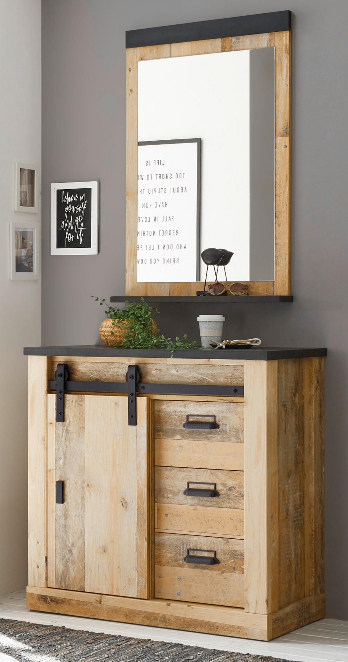 GARDEROBE Flurmöbel Set 2-tlg. Used Wood Vintage, mit Schiebetür und Soft-Close - Anthrazit/Naturfarben, Holzwerkstoff/Metall (93/200/43cm) - Furn.Design