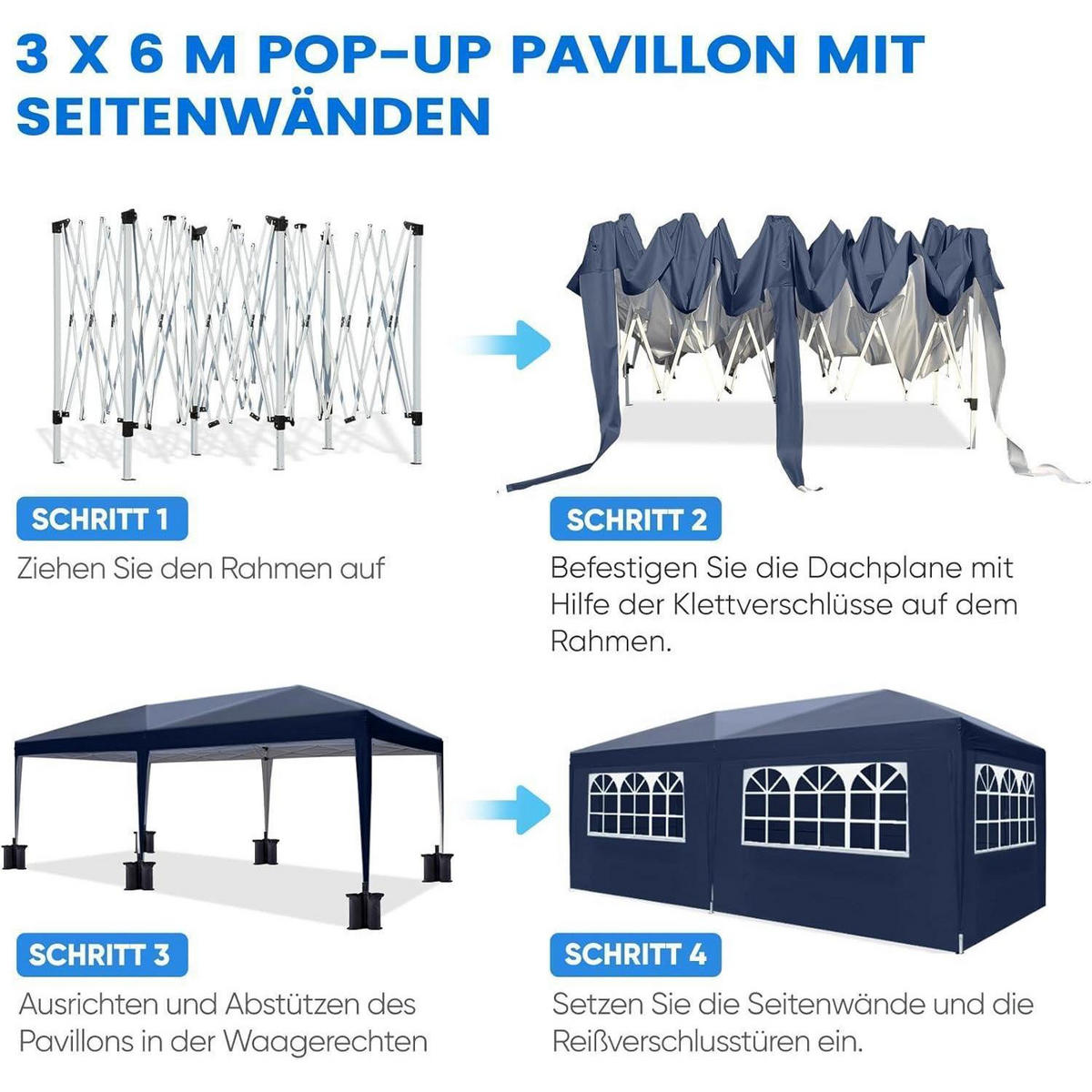 FALTPAVILLON 3x6m Dunkelblau wasserdicht mit Seitenwänden - Dunkelblau, Textil (256/256/256cm)