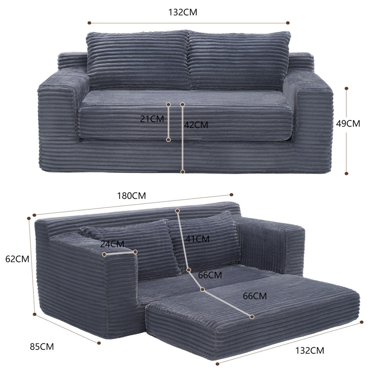 SCHLAFSOFA 180/85/62 cm Dunkelgrau Cord - Dunkelgrau, Textil (85/62/180cm) - Oxeza