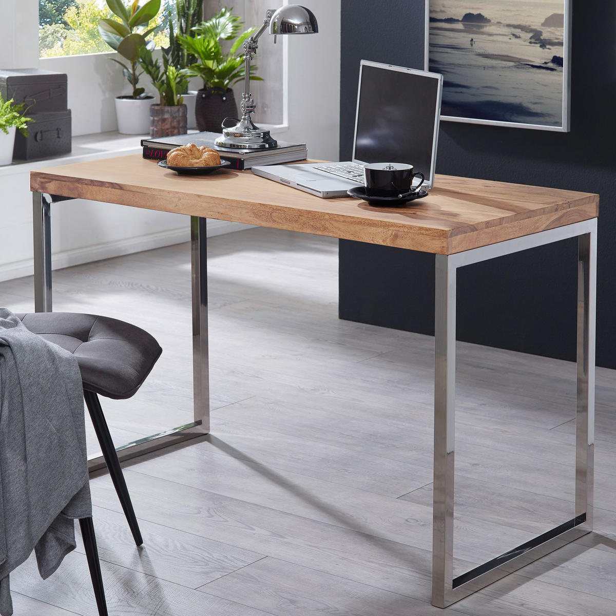 SCHREIBTISCH Massivholz Metallbeine Landhausstil GUNA, Akazie 60x120x76 cm - Silberfarben/Akaziefarben, Holz/Metall (120/60/76cm) - KADIMA DESIGN