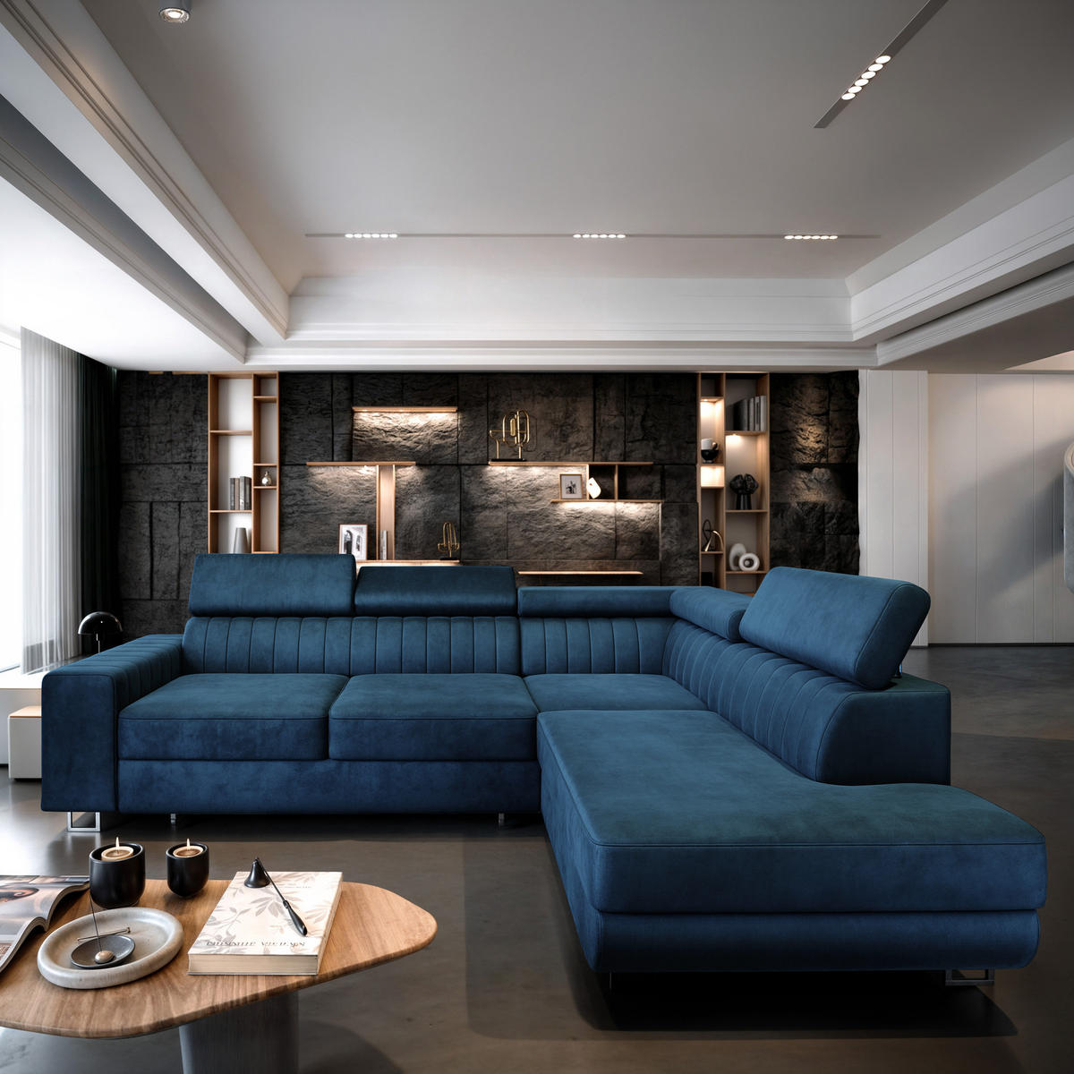 ECKSOFA NOLA R-S Blau Velours-Stoff mit Schlaffunktion - Blau, Holz (253/190cm) - MASSENO