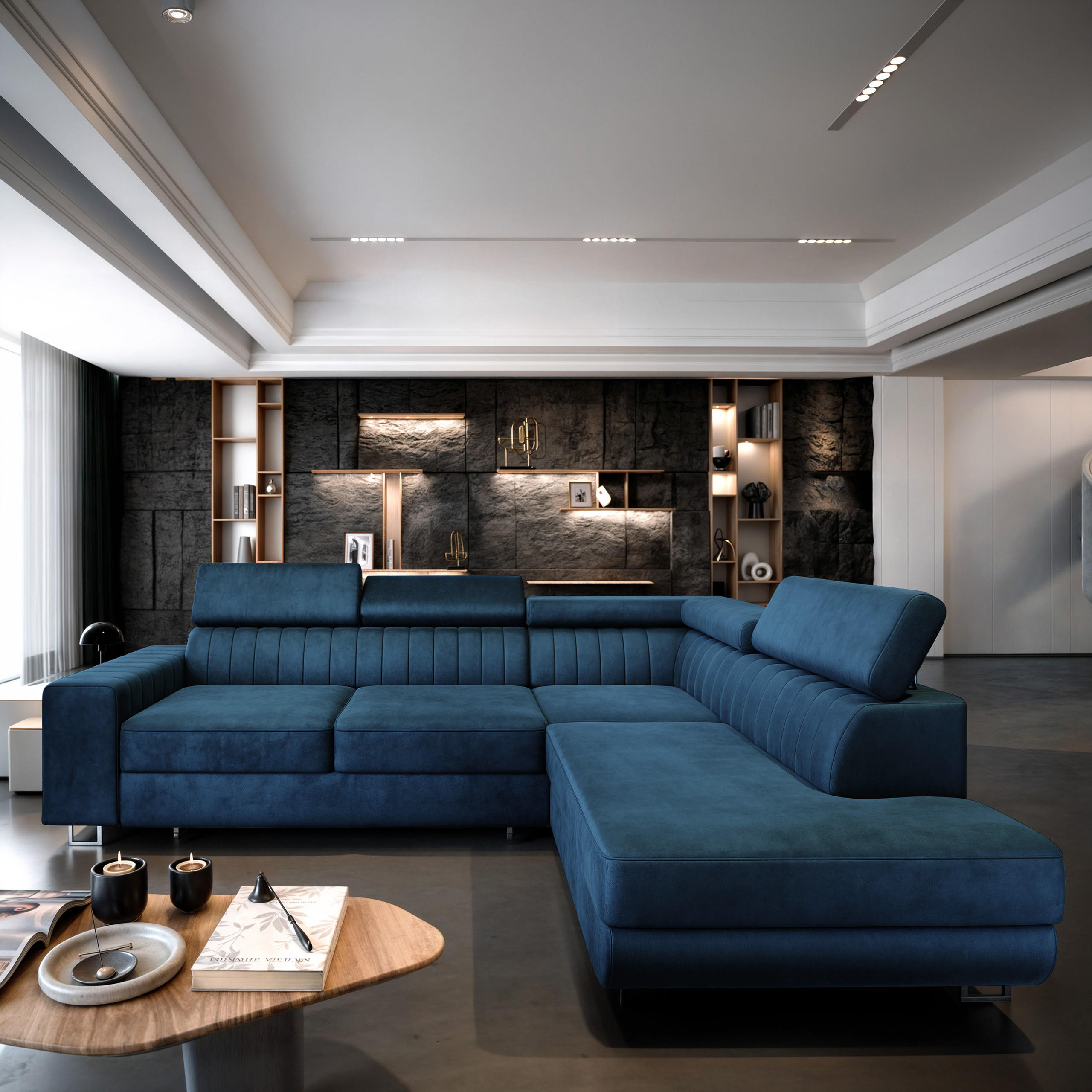 Thumbnail - Masseno Ecksofa, Blau, Holz, 4-Sitzer, L-Form,L-Form, 253x190 cm, Wohnzimmer, Sofas & Couches, Wohnlandschaften, Ecksofa...
