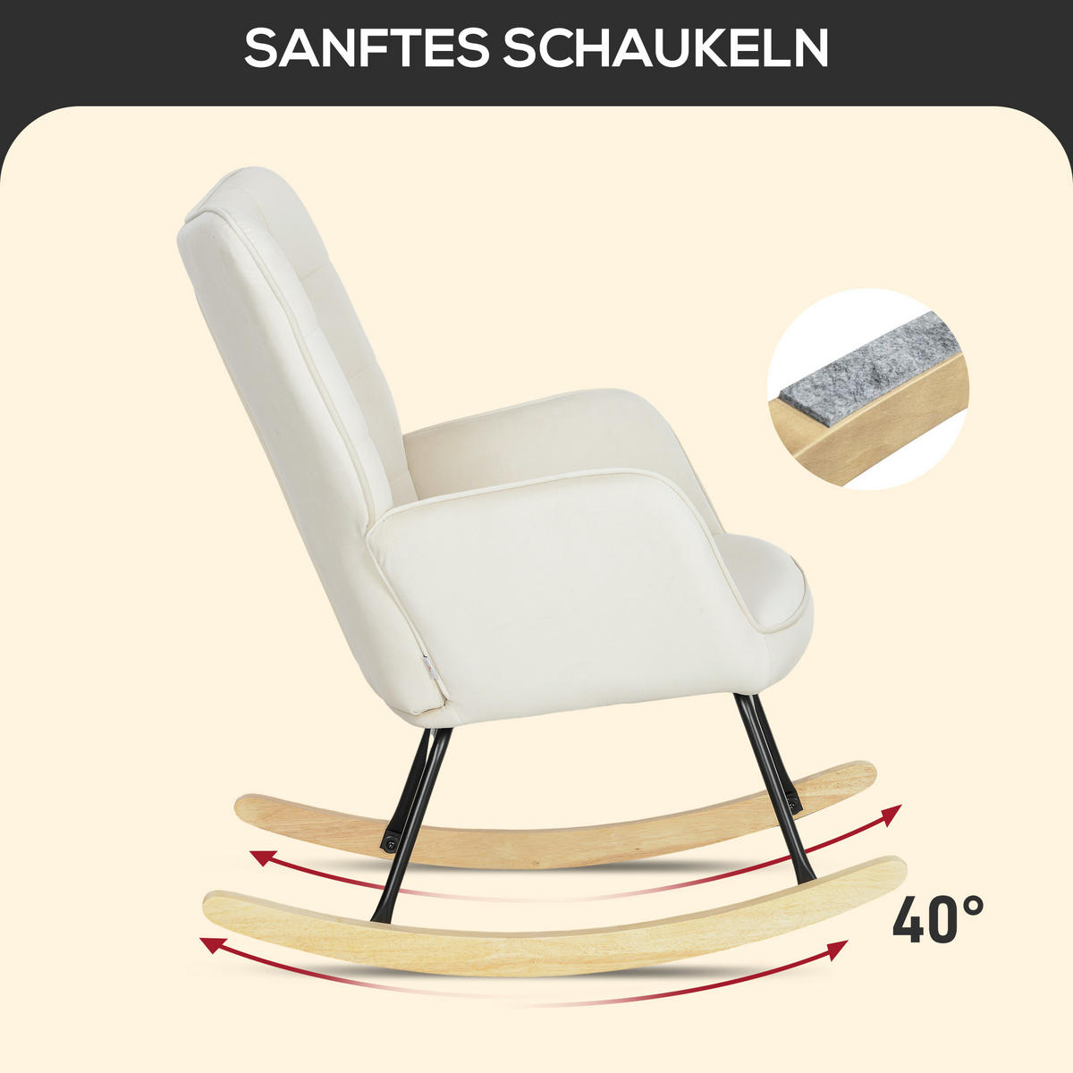 SCHAUKELSTUHL, Schaukelsessel mit Samtoptik, Armlehne für Wohnzimmer, Beige - Beige/Naturfarben, Buchenholz/Textil (98/101/71cm) - HOMCOM