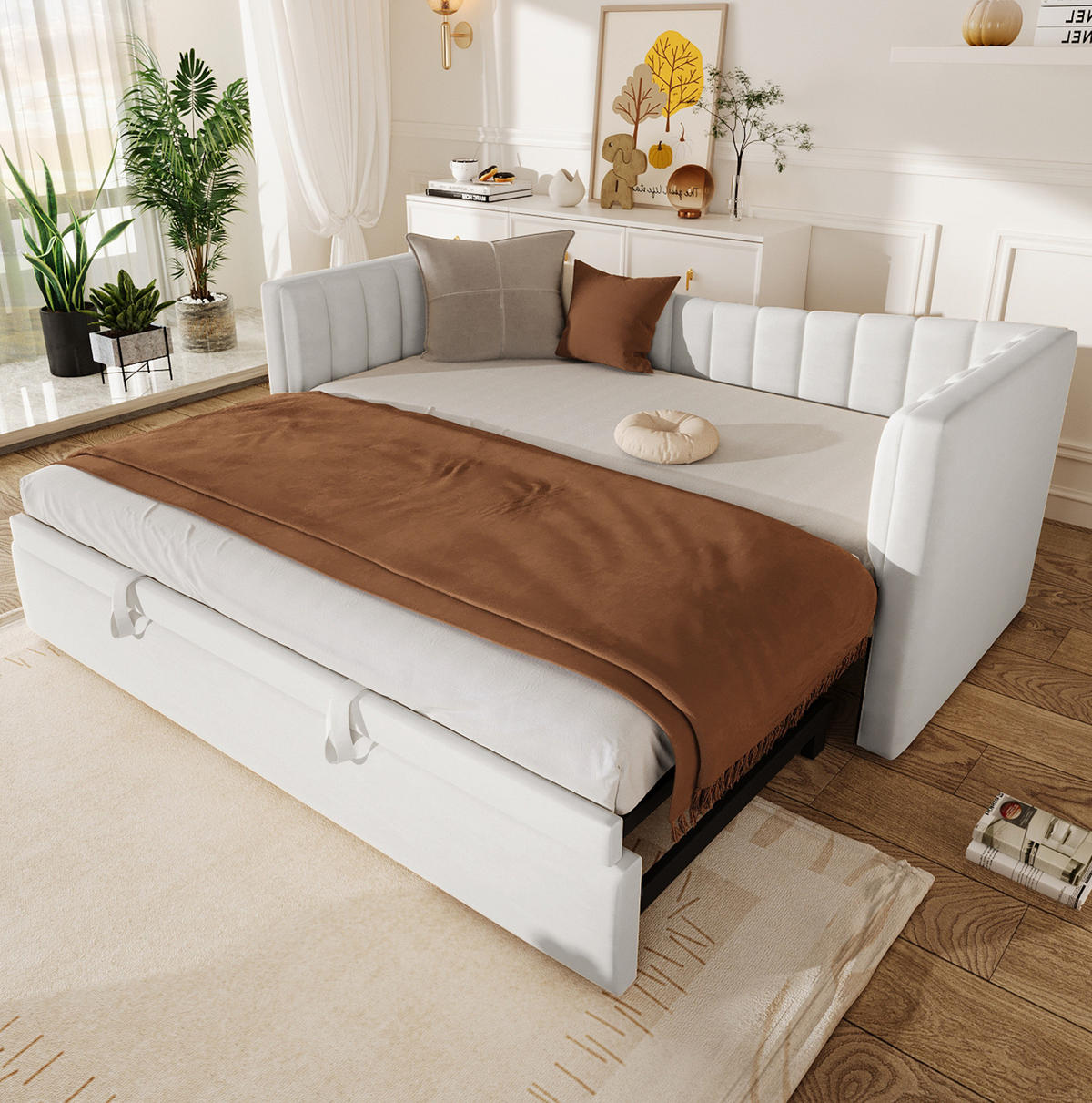 POLSTERBETT 90/200 cm mit ausziehbarem Rollbett und Samtbezug, platzsparend, Weiß - Weiß, Textil (180/200cm) - Redom