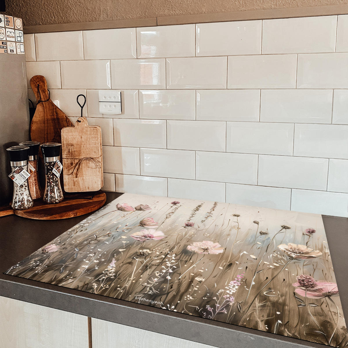 HERDABDECKPLATTE Blumen - Beige - Trockenblumen 77x59 cm - Beige, Kunststoff (77/59/0.2cm) - MuchoWow