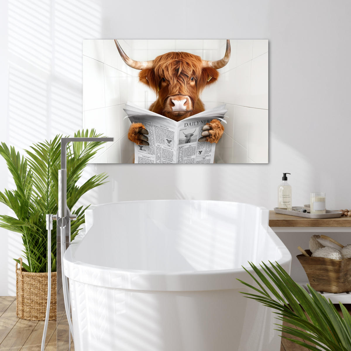LEINWANDBILD Schottischer Highlander - Tier - Zeitung - Toilette Wanddeko 90x60 cm - Kastanienfarben, Textil (90/60cm) - MuchoWow