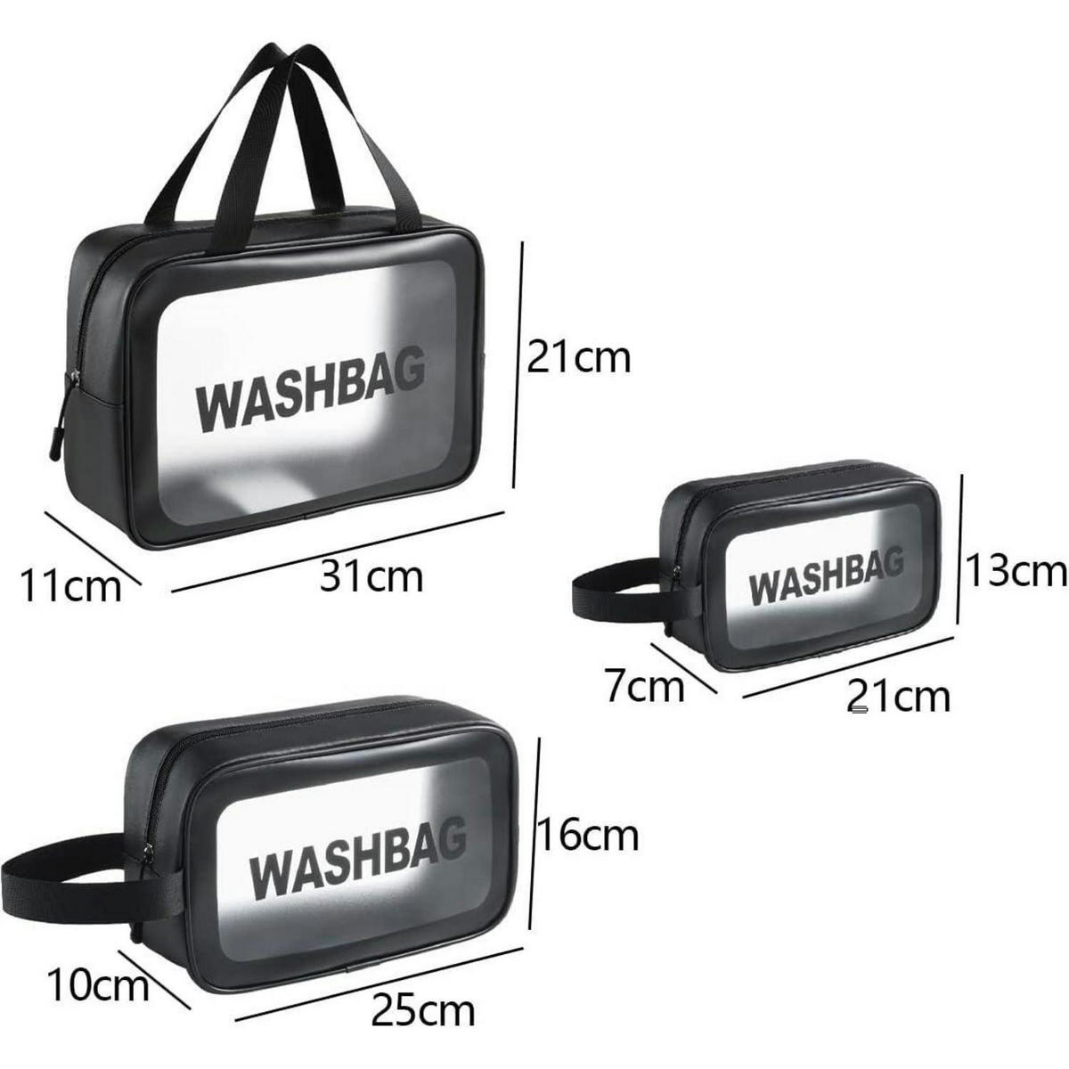 KULTURTASCHEN Set 3-teilig Transparent Wasserdicht Schwarz - Transparent, Kunststoff (14/12/22cm)