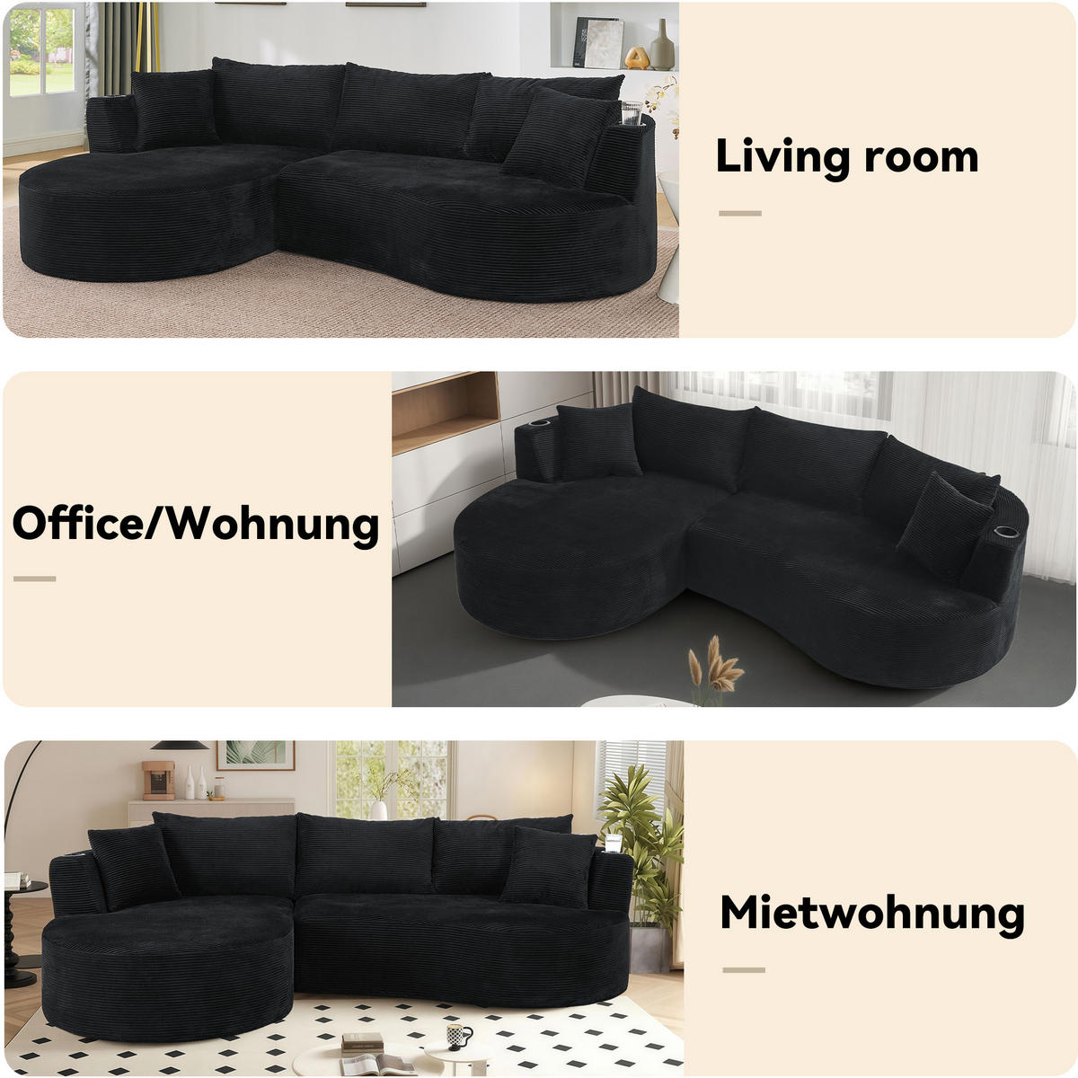 3-SITZER ECKSOFA Cord Schwarz mit Getränkehaltern und Kissen - Schwarz, Textil (264/168cm) - WISHDOR