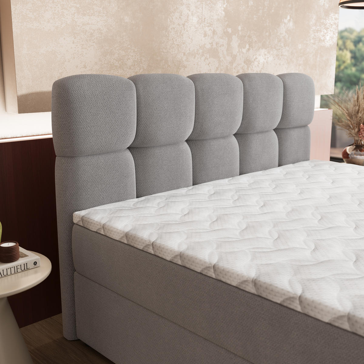 BOXBETT MERU 180x200 cm mit Matratze und Topper - Grau - Grau, Holz (180/200cm) - MASSENO