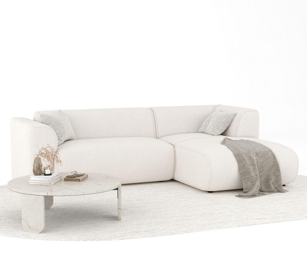 ECKSOFA Melani Creme Chenille-Stoff - Rechts Seite - Creme/Schwarz, Holz/Holzwerkstoff (162/256cm) - Maison de Reve