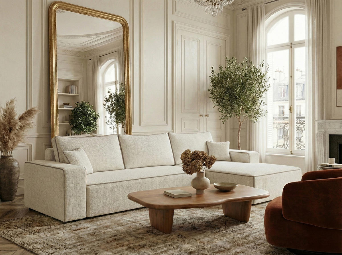 ECKSOFA MIT SCHLAFFUNKTION Modo Beige Chenille-Stoff - Rechts Seite - Ecru/Beige, Holz/Holzwerkstoff (294/185cm) - Maison de Reve