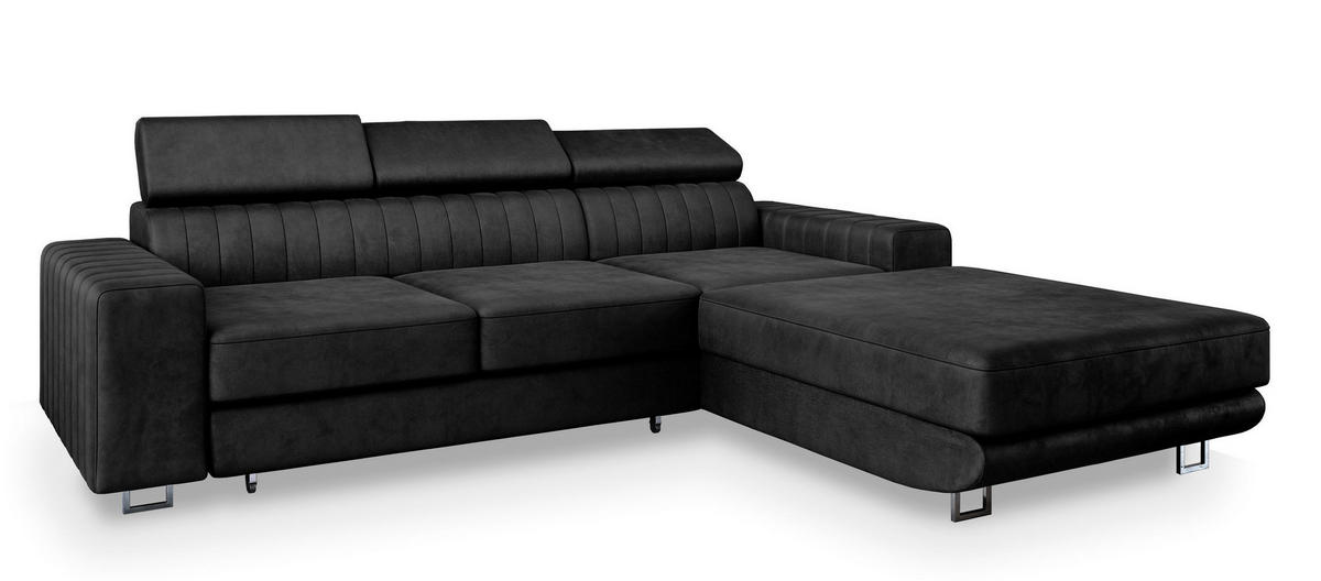 ECKSOFA NOTO R-S Schwarz Velours-Stoff mit Schlaffunktion - Schwarz, Holz (267/190cm) - MASSENO
