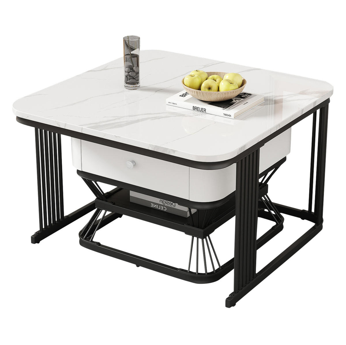 COUCHTISCH-SET, Hochglanz-Marmoroptik mit schwarzem Metallrahmen, 1 Schublade, 70/70/45 + 50/50/40 cm,Weiß - Weiß, Holzwerkstoff (70/70/45cm) - Redom