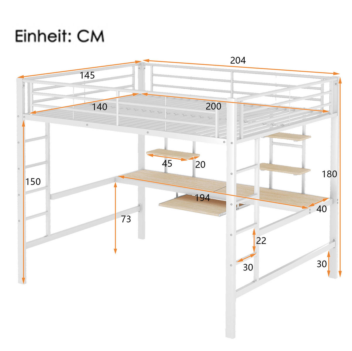 HOCHBETT mit Schreibtisch 140/200 cm in Weiß – mit 2 Regalen und Rausfallschutz - Weiß, Metall (140/200cm) - BEAOK