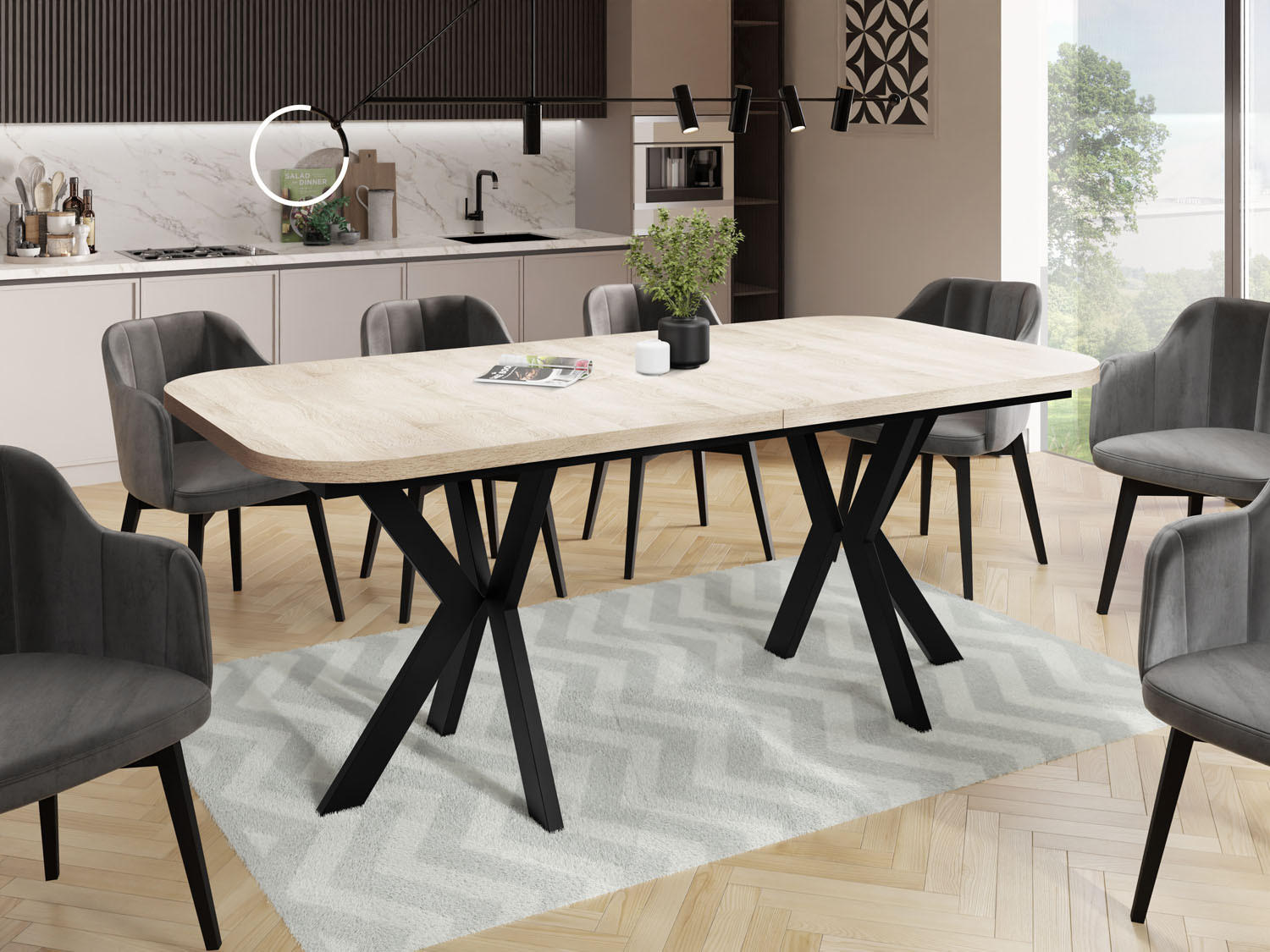 ESSTISCH Olivia ausziehbar rechteckig, Sonoma Eiche 200-280/100/76 - Schwarz/Sonoma Eiche, Holzwerkstoff/Metall (200/100/76cm) - WFL GROUP