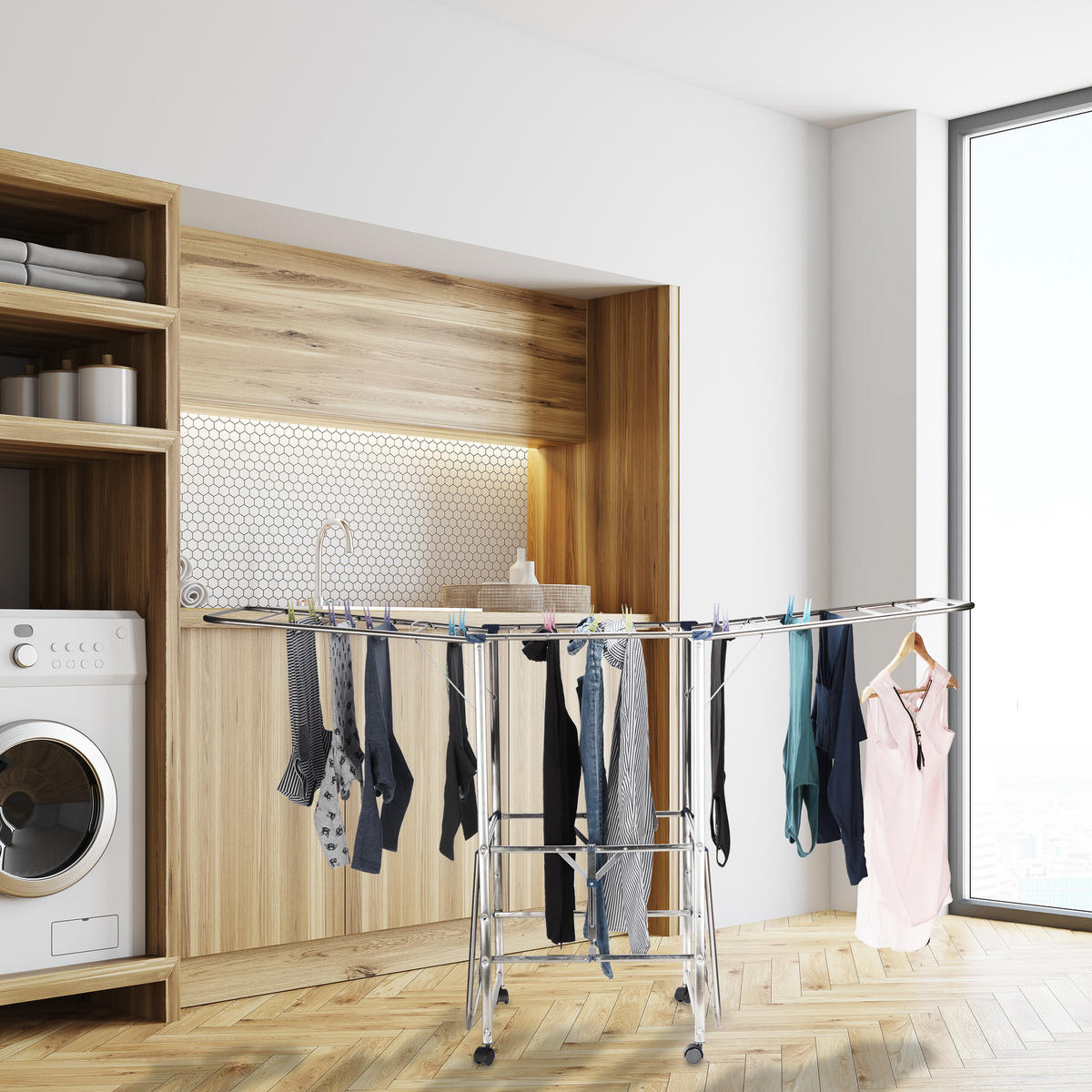 STOJAN na prádlo - strieborná, kov/plast (185.5/111/53cm) - Relaxdays