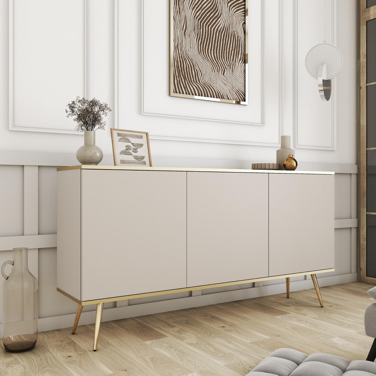 KOMMODE FORNO (Beige, Goldene Details, 3 Türen, goldene Metallfüße) - Gelb/Beige, Holz/Holzwerkstoff (160/85/39cm) - Ravio