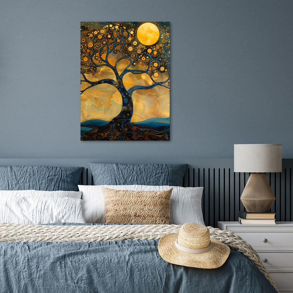 POSTER Baum - Mond - Blumen - Gold - Kunst 60x80 cm - Orange, Papier (60/80/0.1cm) - MuchoWow
