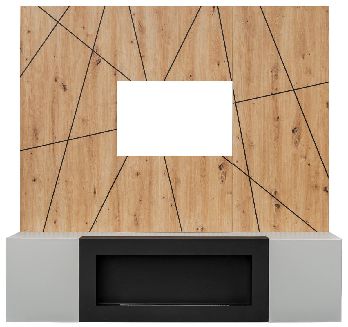 TV-LOWBOARD grau, Eiche Artisan, TV-Unterschrank 160 cm mit Ethanpol Kamin und Akustikpaneel - Hellgrau/Schwarz, Glas/Holzwerkstoff (160/148/35cm) - Inn.Furn