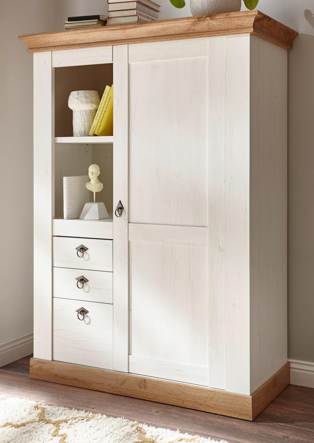 HIGHBOARD weiß Pinie, Eiche, Landhaus Kommode 100 x 140 cm - Silberfarben/Eiche Wotan, Holzwerkstoff/Metall (102/139/44cm) - Furn.Design