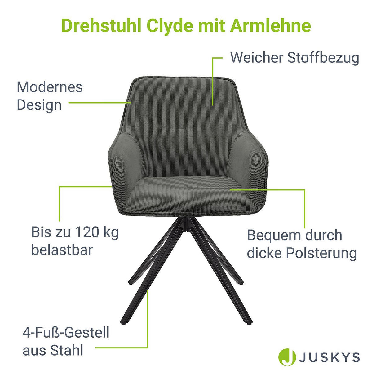 DREHSTUHL Clyde mit Armlehne cord hellgrau (2er-Set) - Hellgrau, Textil (57/85/61cm) - Juskys